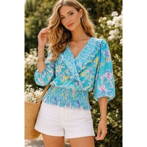 Susan Freis Sz L Blouse Resort Tropical Ruffle Vintage Smocking Floral Resort